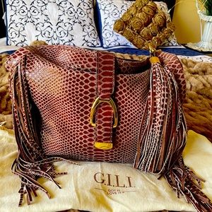 GILI Reptile Textured Leather Fringed Hobo Bag